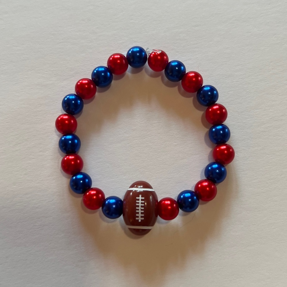 💙❤️🦬 Bills Inspired Beaded Bracelet with Football Charm - Size MEDIUM 8 Inches